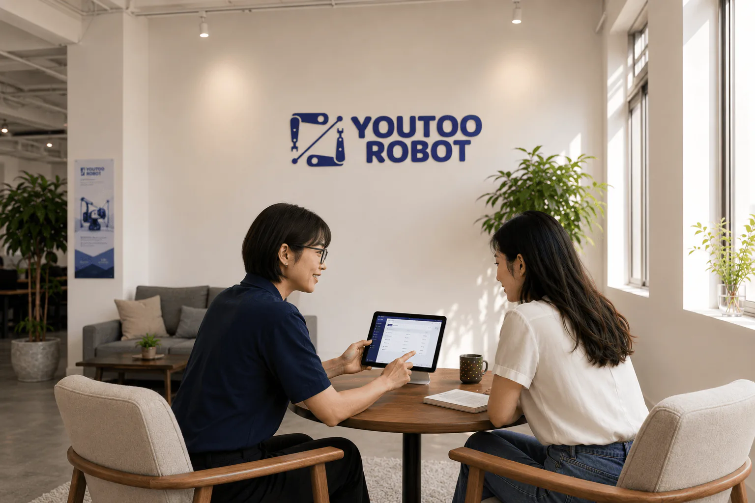 YouToo Robot team discussing a robotic beverage kiosk project with a partner